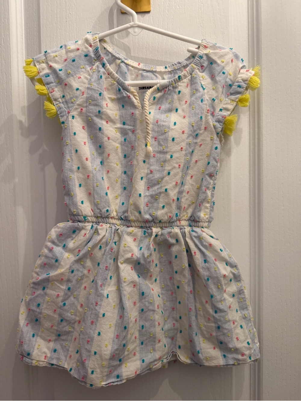 Epic Threads White Dress with Yellow Tassel Sleeves and Multicolor Dots